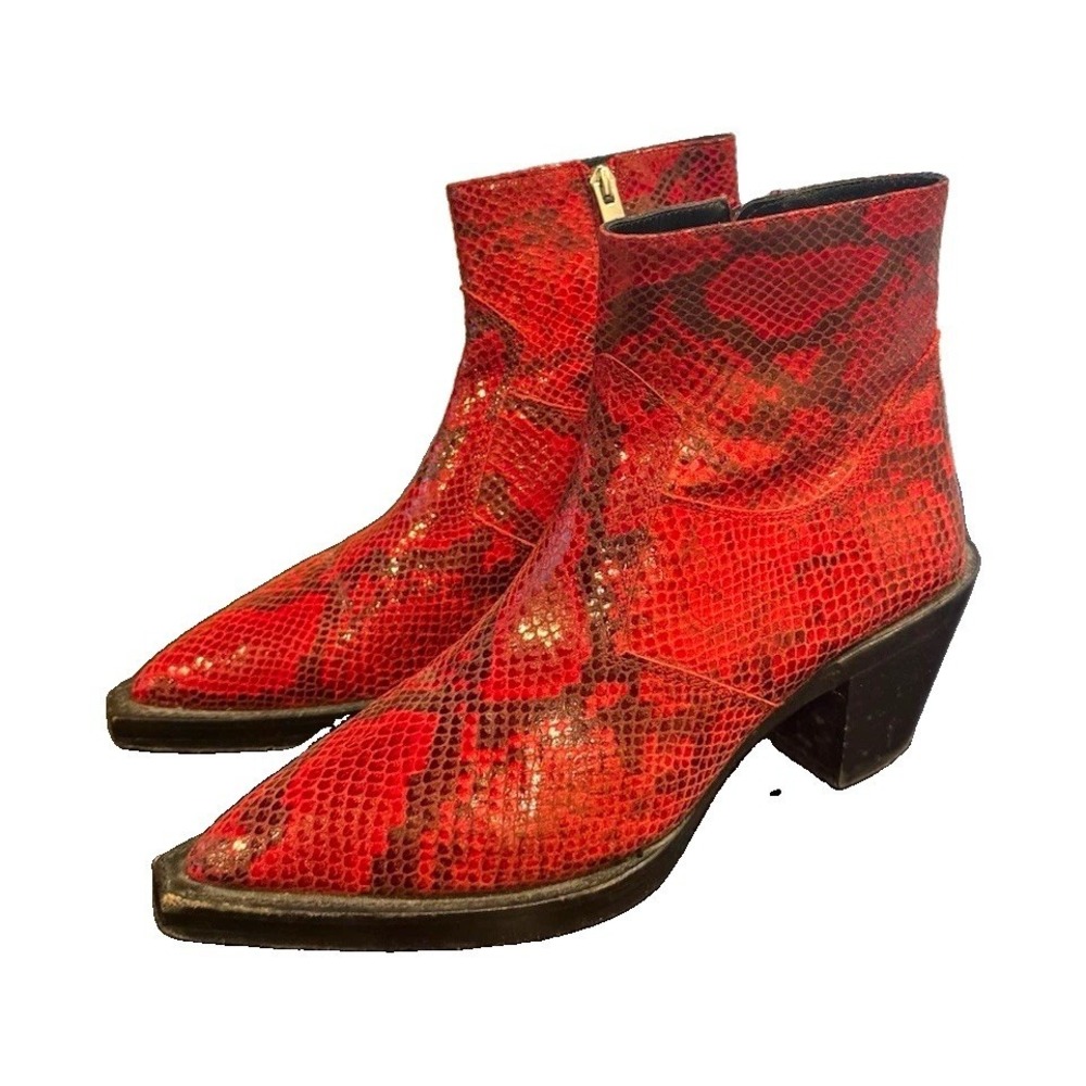 TEKOOLES Paris Red Snake Print Leather Ankle Boots Pointed Toe Zip EU 39